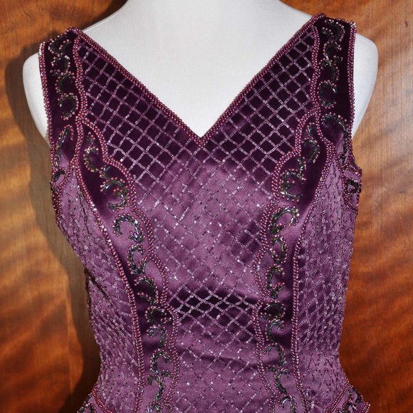 Mark & Lizzie Plum Beaded Sleeveless Satin Formal Evening Gown - Picture 2 of 7